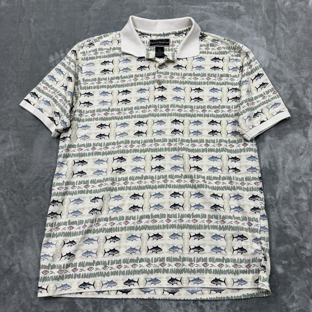 Field & Stream Shirt Mens Large Ivory Fish Short Sleeve Polo Outdoor Work Casual